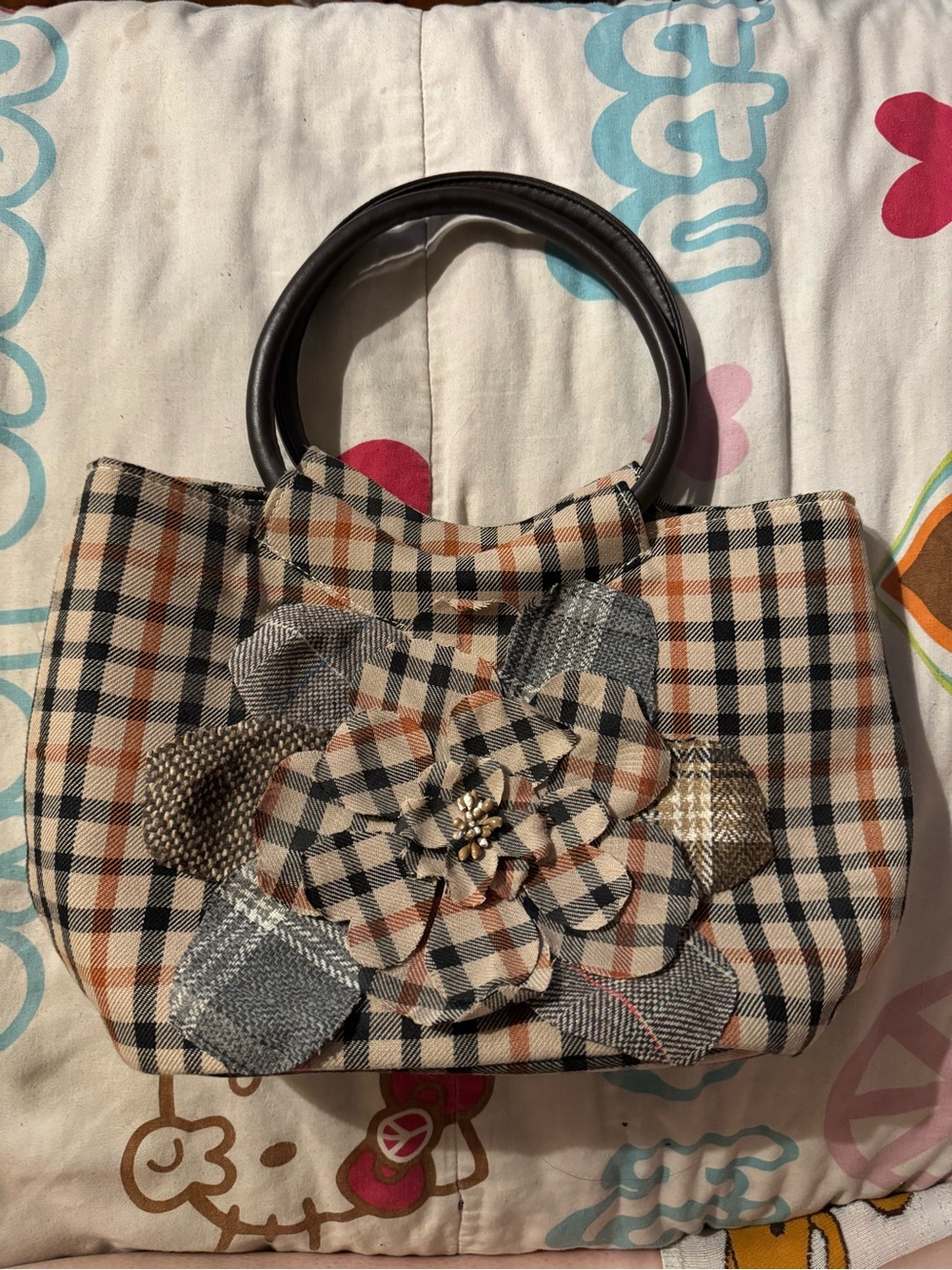 Plaid Floral Applique Handbag in Beige and Black
